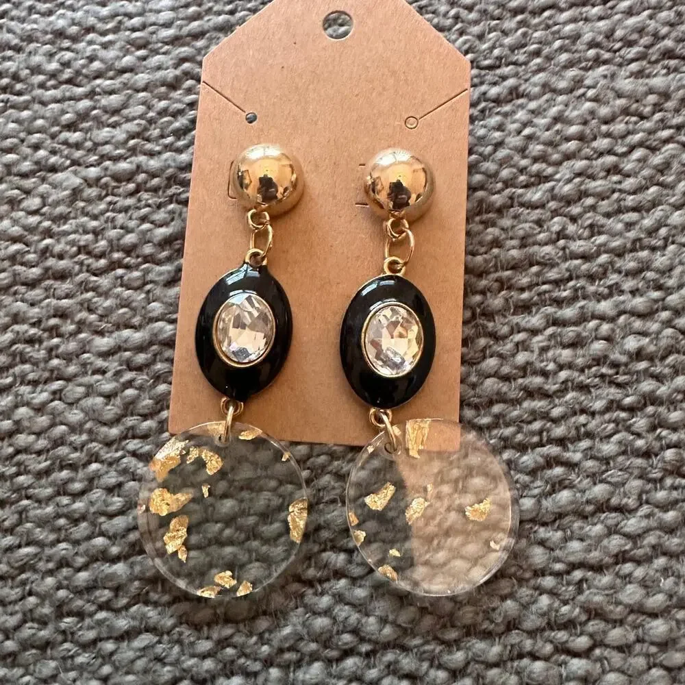 Gold and Black Drop Earrings with Clear Acrylic Accent
